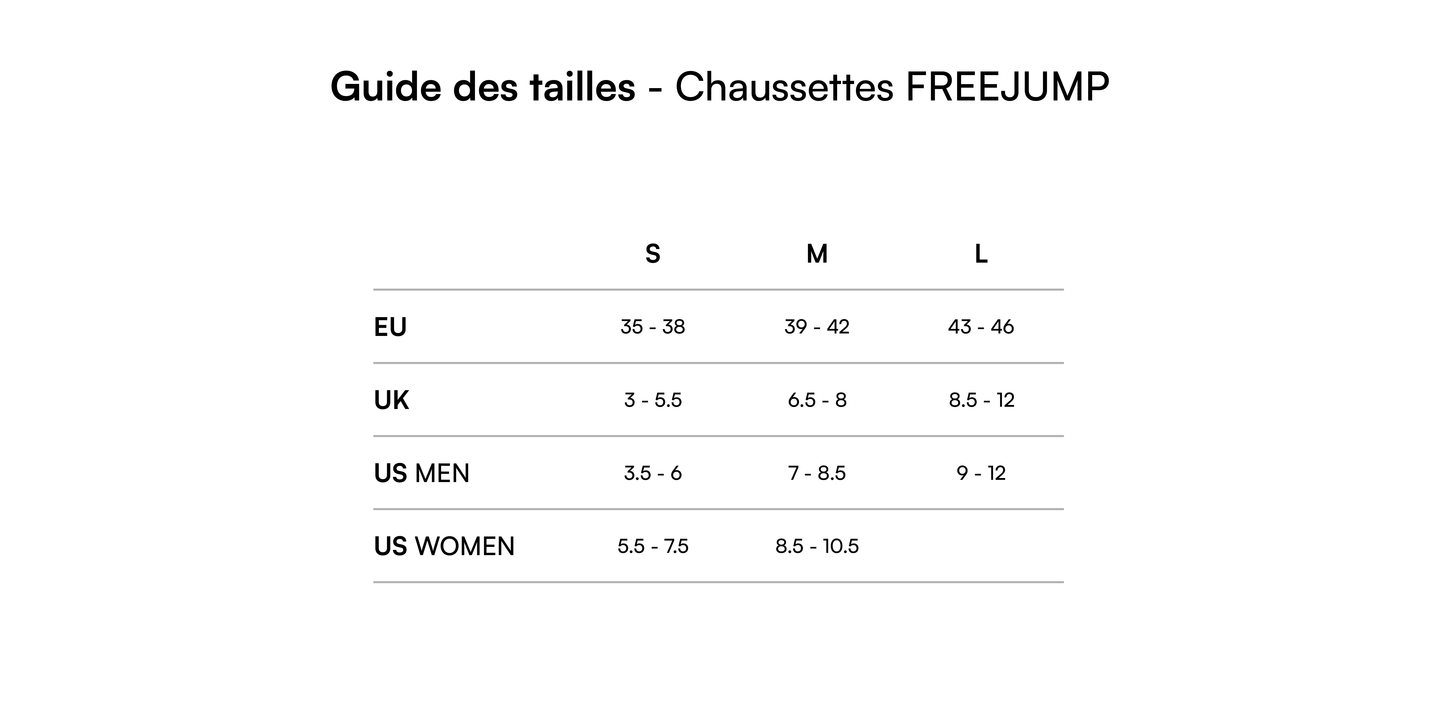 Guide des tailles - Chaussettes FREEJUMP