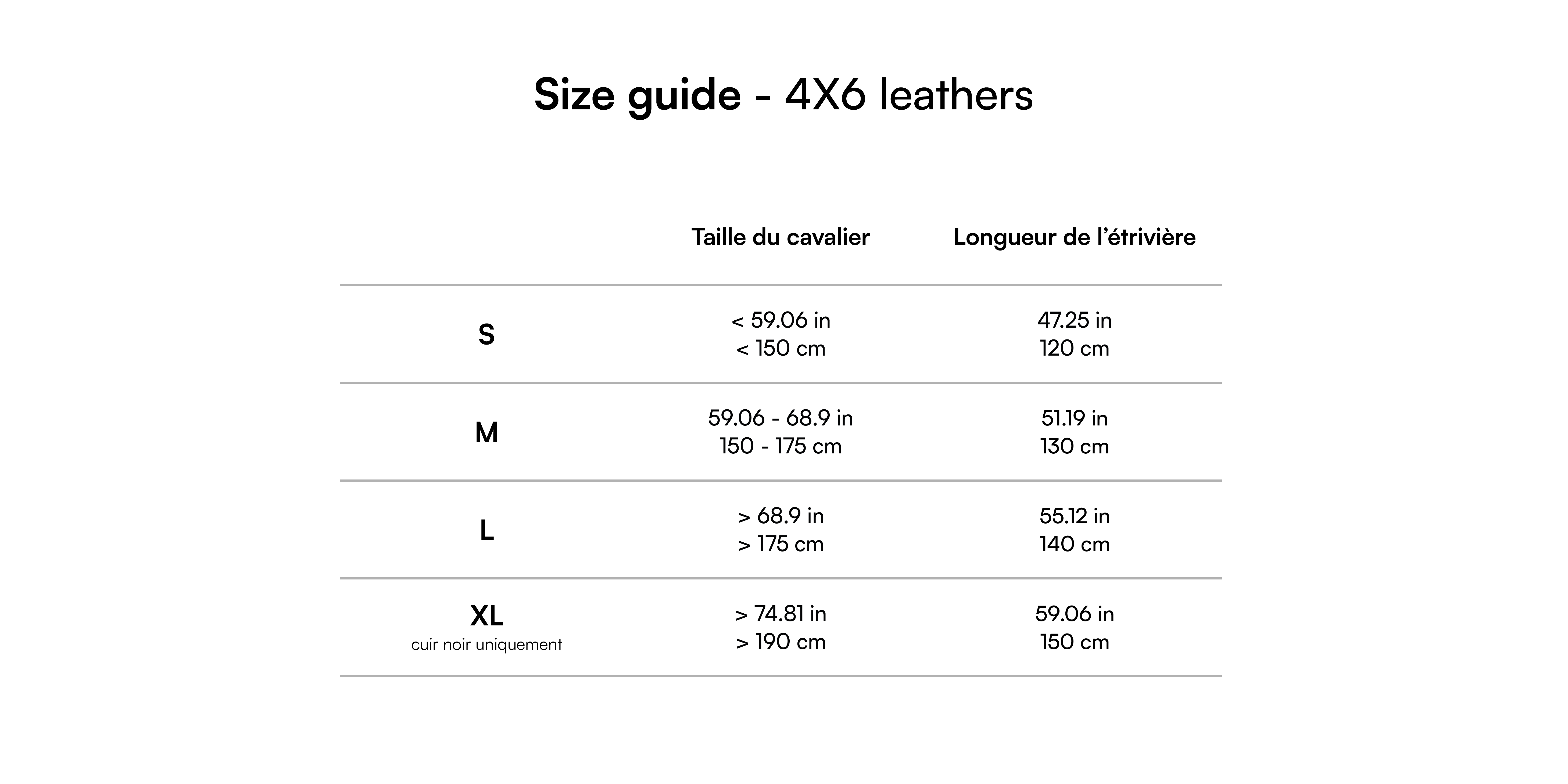 Guide des tailles - Étrivières 4x6