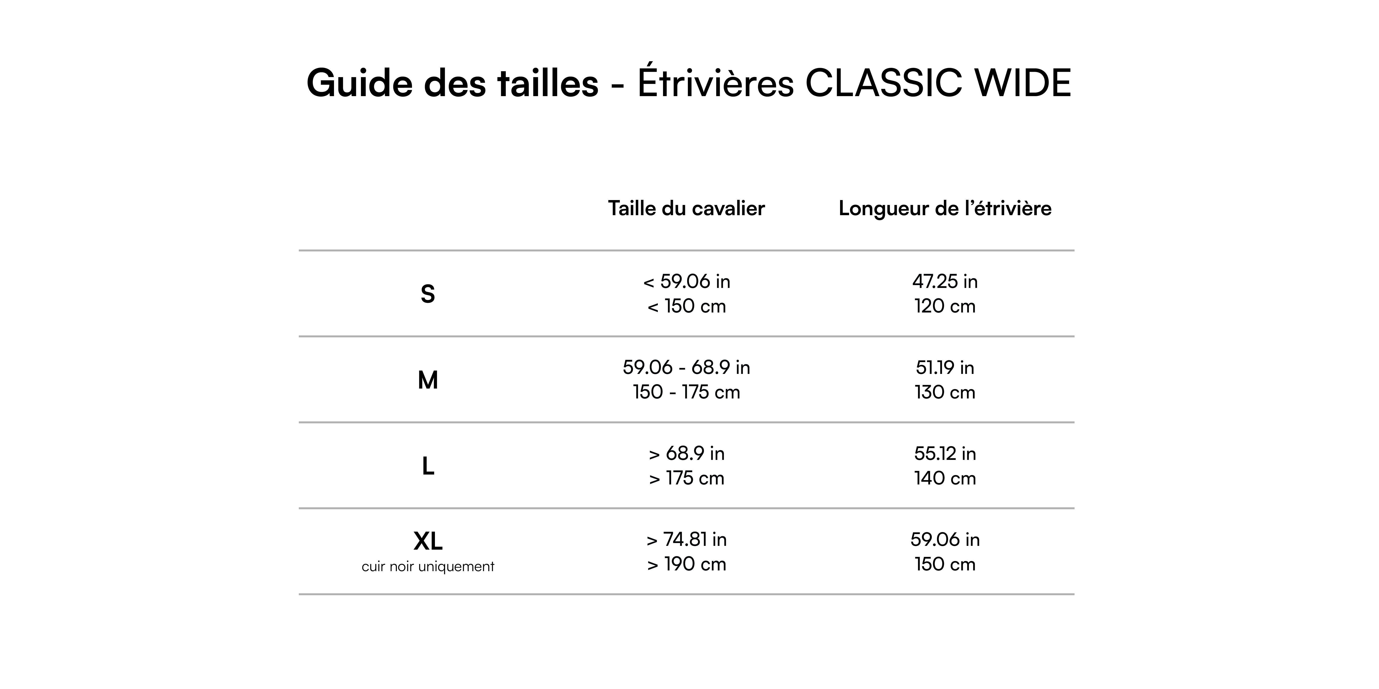 Guide des tailles - Étrivières CLASSIC WIDE