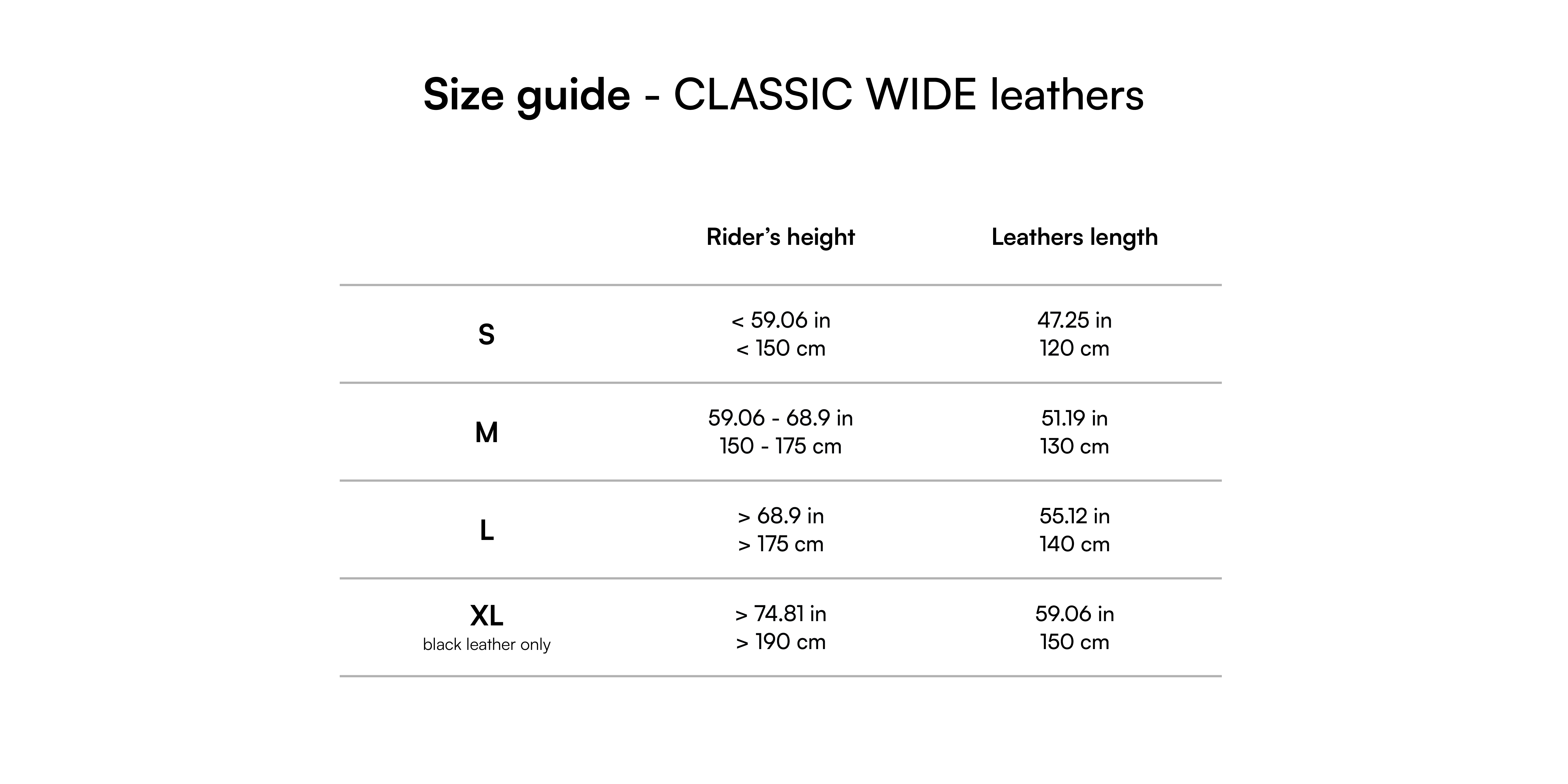 Size guide - CLASSIC WIDE leathers